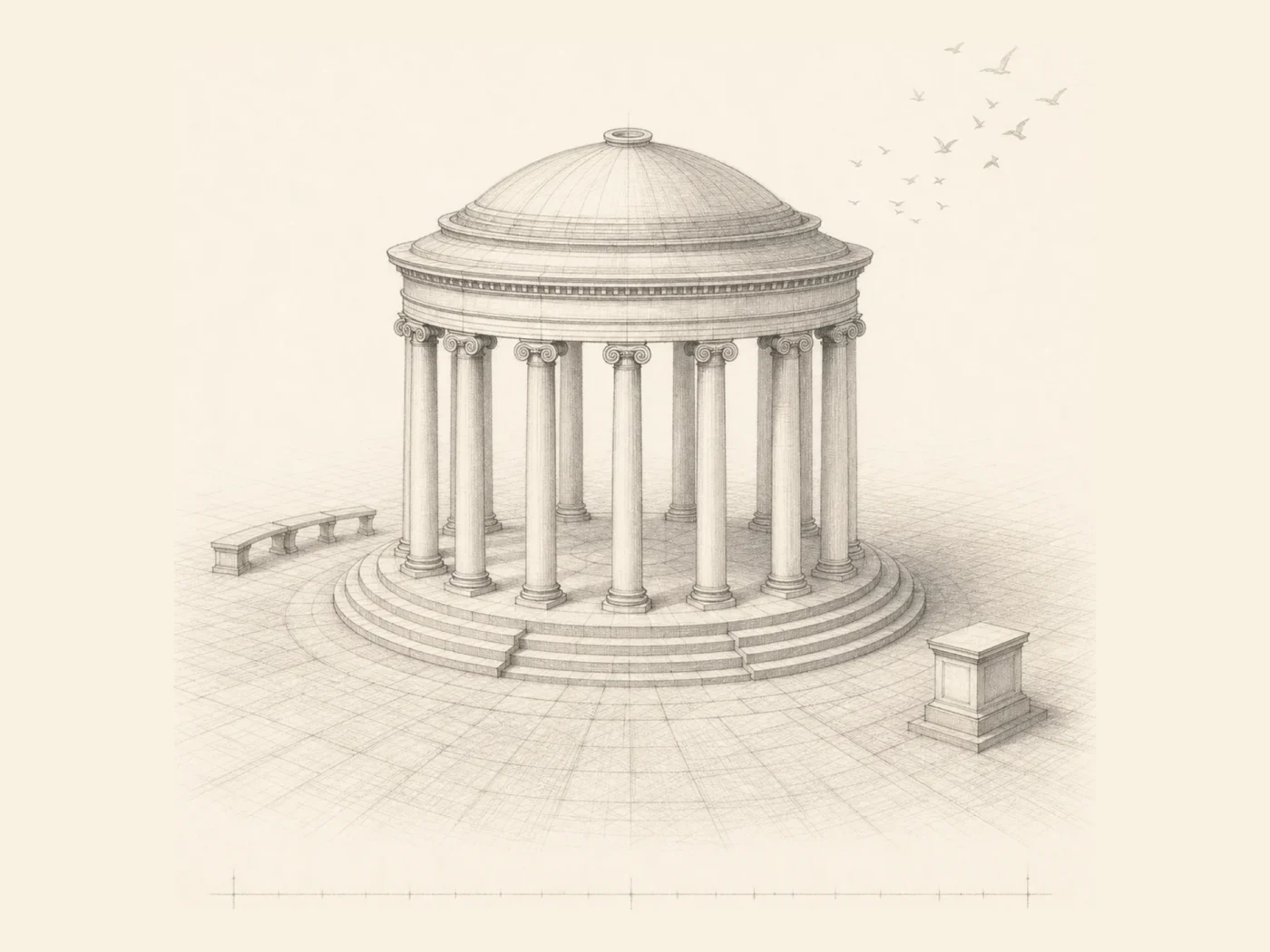 A classical domed rotunda rendered in pencil — AI for Public Goods